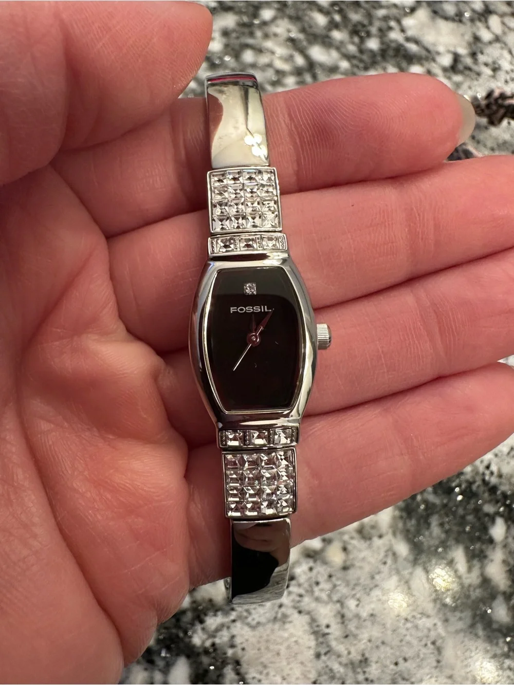Fossil Silver Bracelet Watch with Black Dial and Crystal Accents